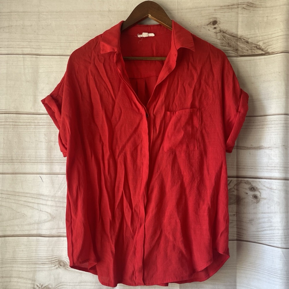 Twine & String  Top Women's  XL Red Short Folded Sleeves Blouse